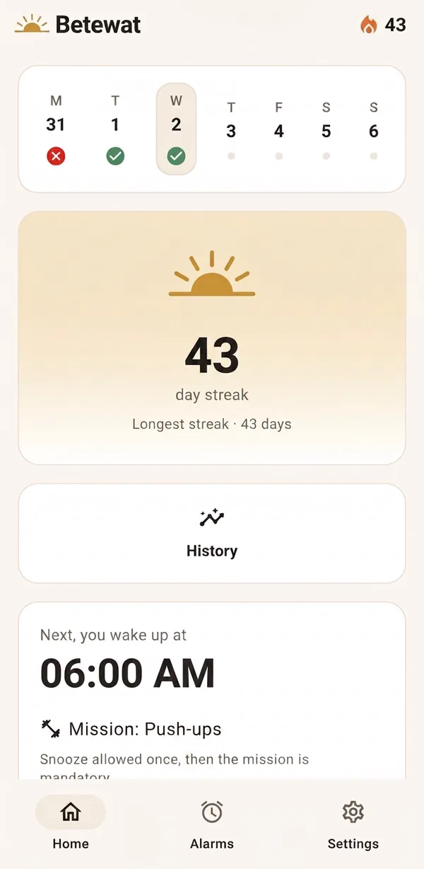Home screen showing a 43-day streak and the next alarm at 6:00 AM