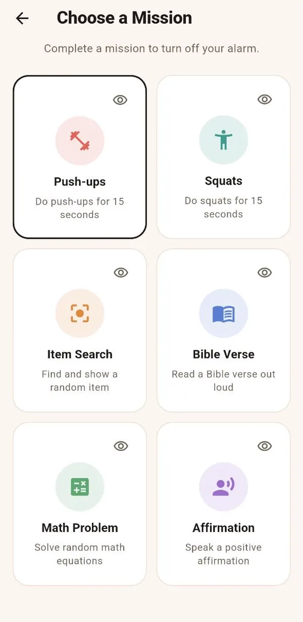 Choose a Mission screen: push-ups, squats, item search, Bible verse, math problem, affirmation